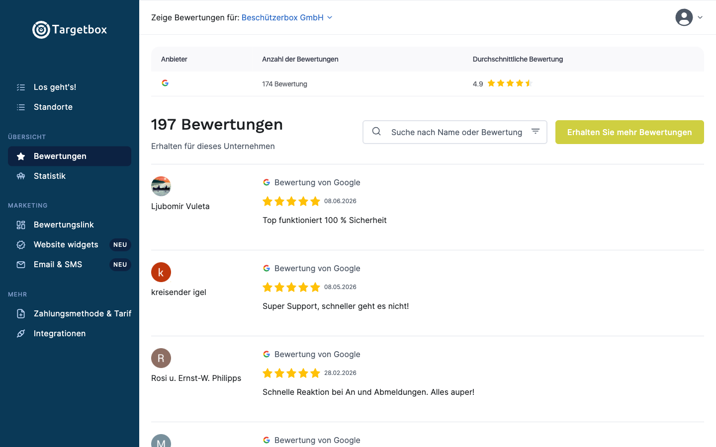 Targetbox Dashboard mit allen Bewertungen im Überblick