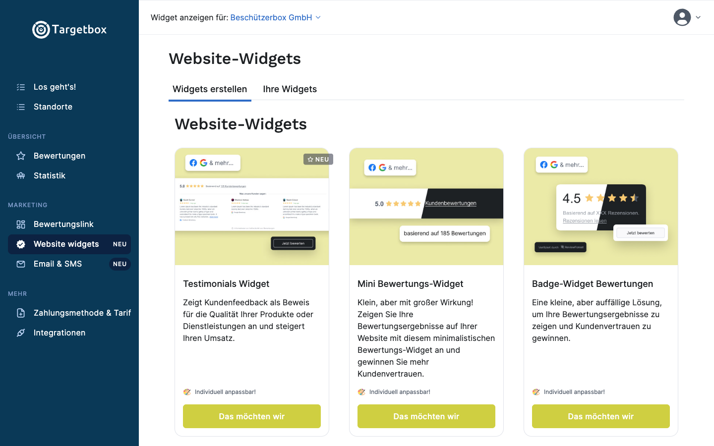 Targetbox App: Website-Widgets und Bewertungssiegel auswählen
