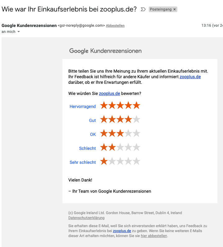 Beispiel einer Bewertungsanfrage von den Google Verkäuferbewertungen