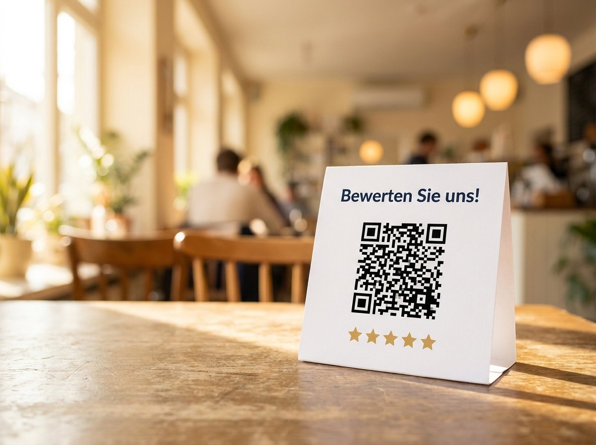 Tischaufsteller mit QR-Code zum Google-Bewertungslink auf einem Café-Tisch